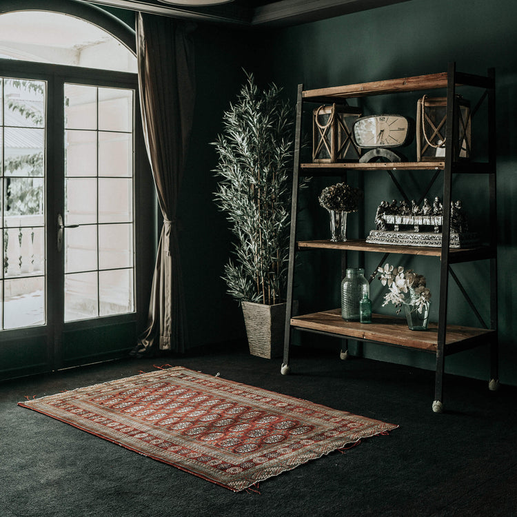 Handmade area rug in a dark library-style room with wooden shelving and a large window