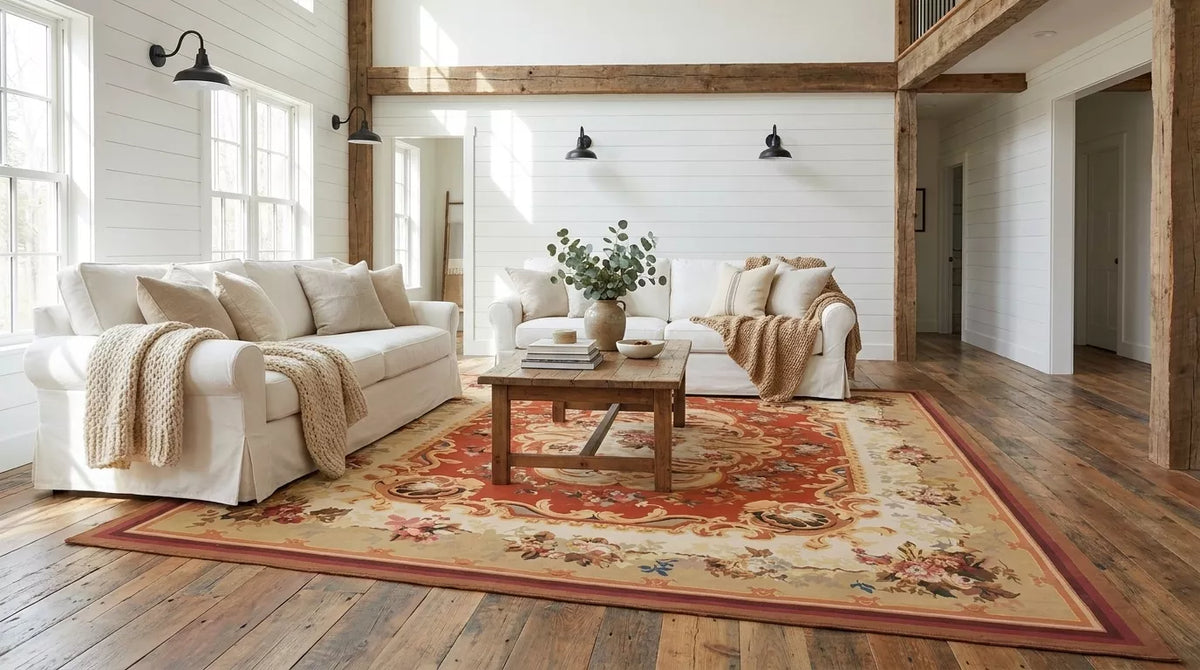 9x12 rust and cream Aubusson kilim rug with a floral scroll medallion, laid in a modern farmhouse living room with white slipcovered sofas and exposed wood beams