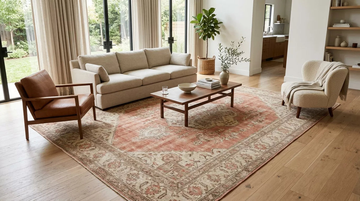 Handmade 10x13 rug in a bright living room with muted terracotta pattern and neutral seating