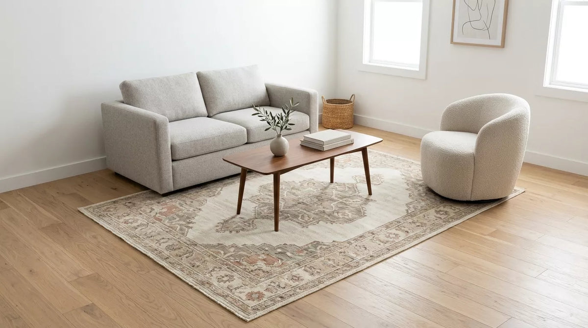 Handmade 6x8 rug in a compact neutral living room with sofa and accent chair