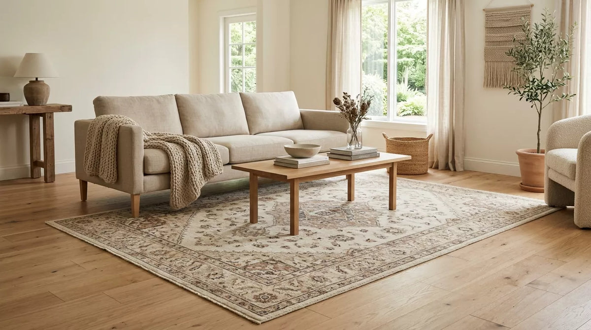 Handmade 7x11 area rug in a bright neutral living room with visible wood floor margins