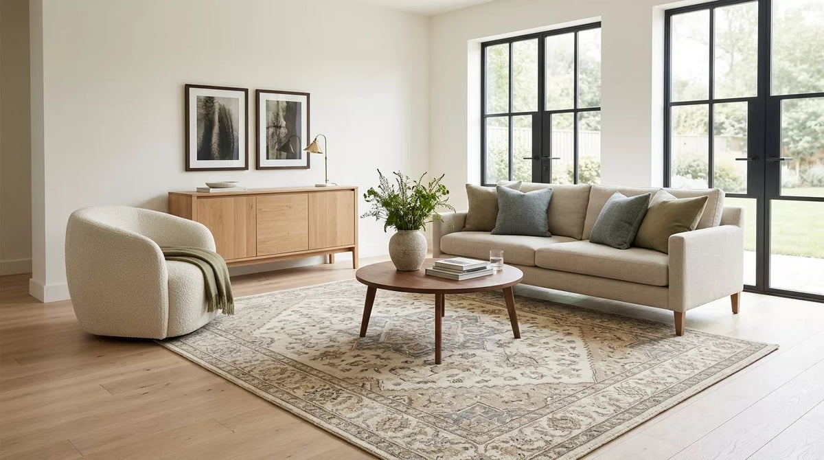 Handmade area rug in a bright living room with neutral sofa and black framed doors