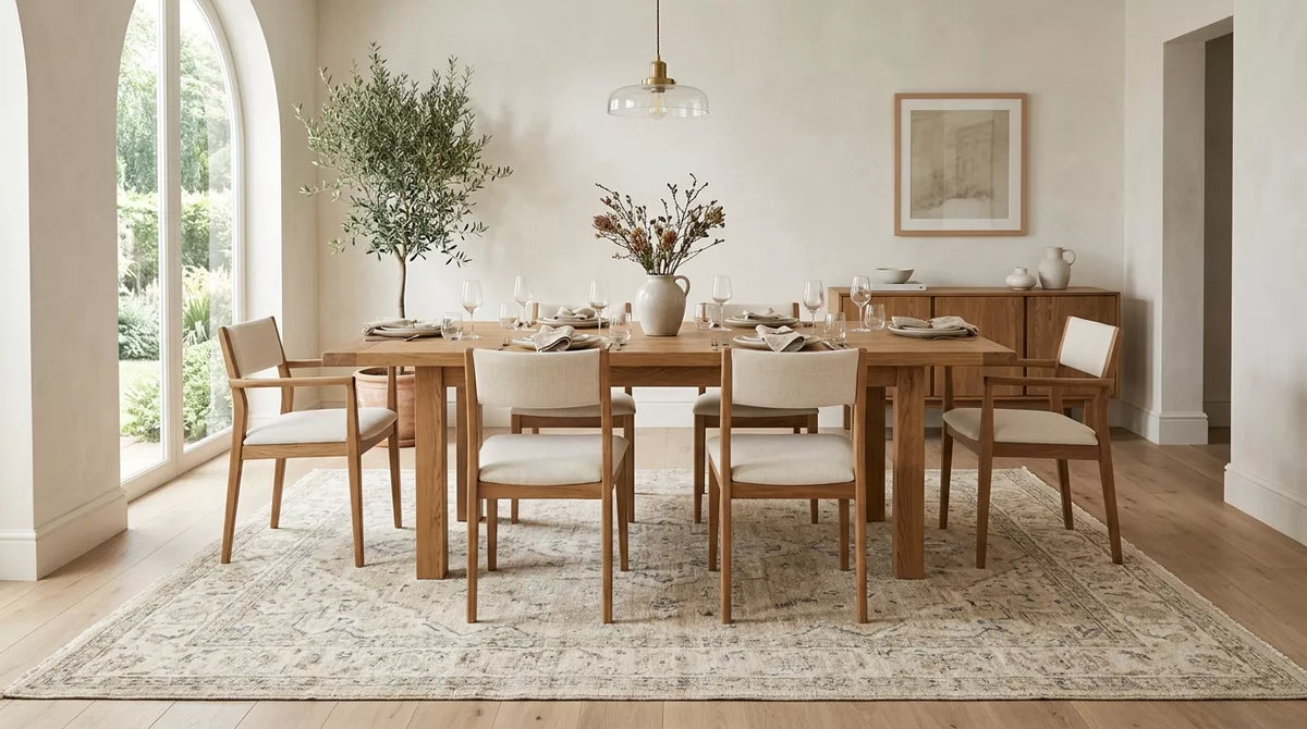 Handmade dining room rug under a wooden dining table in a bright neutral dining room