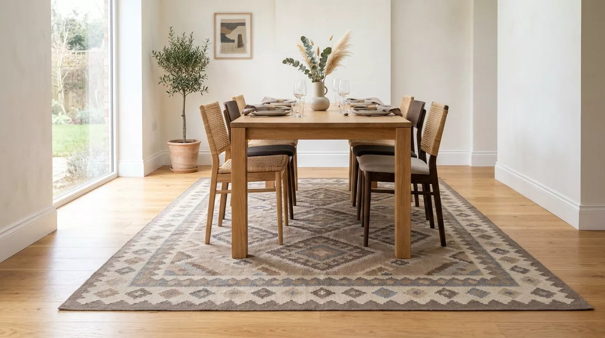 Handmade flatweave rug under dining table in a bright dining room