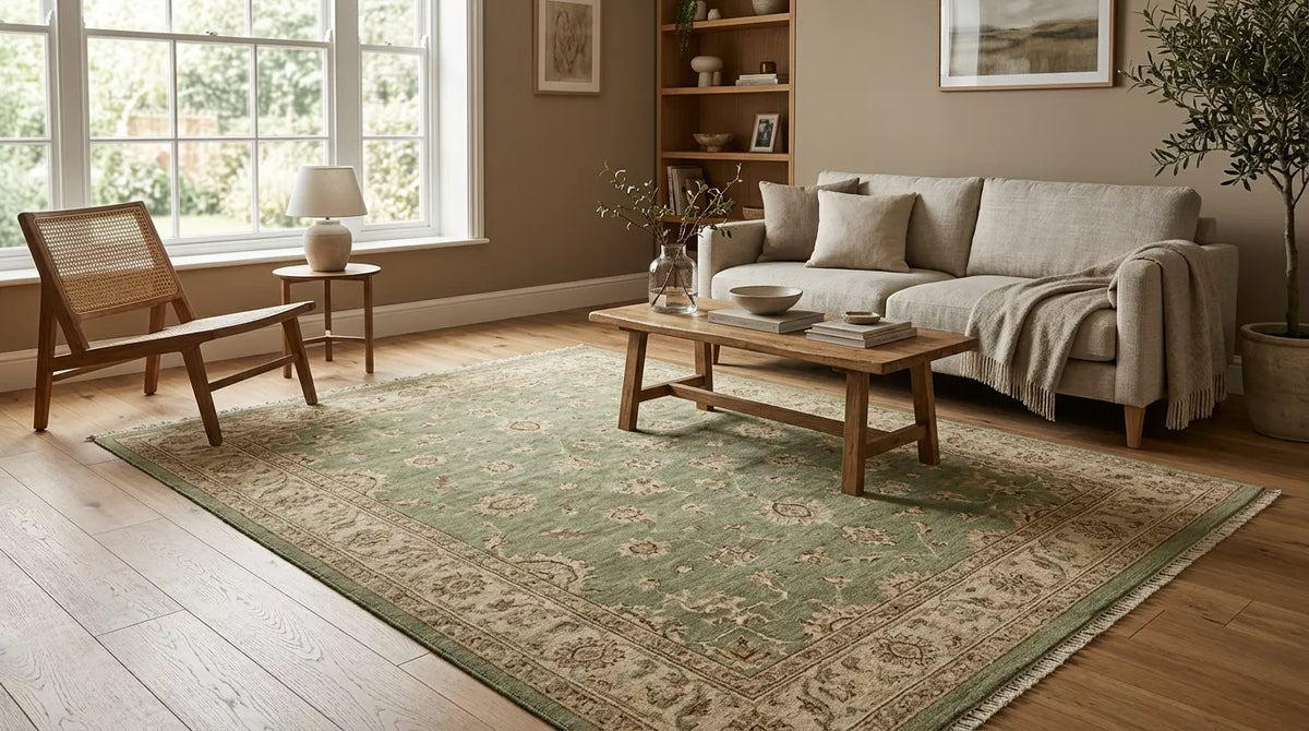 Handmade muted green area rug in a warm neutral living room with natural wood furniture