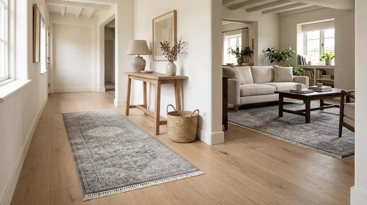 Handmade grey runner rug in a warm entryway with a larger grey area rug in the adjoining living room