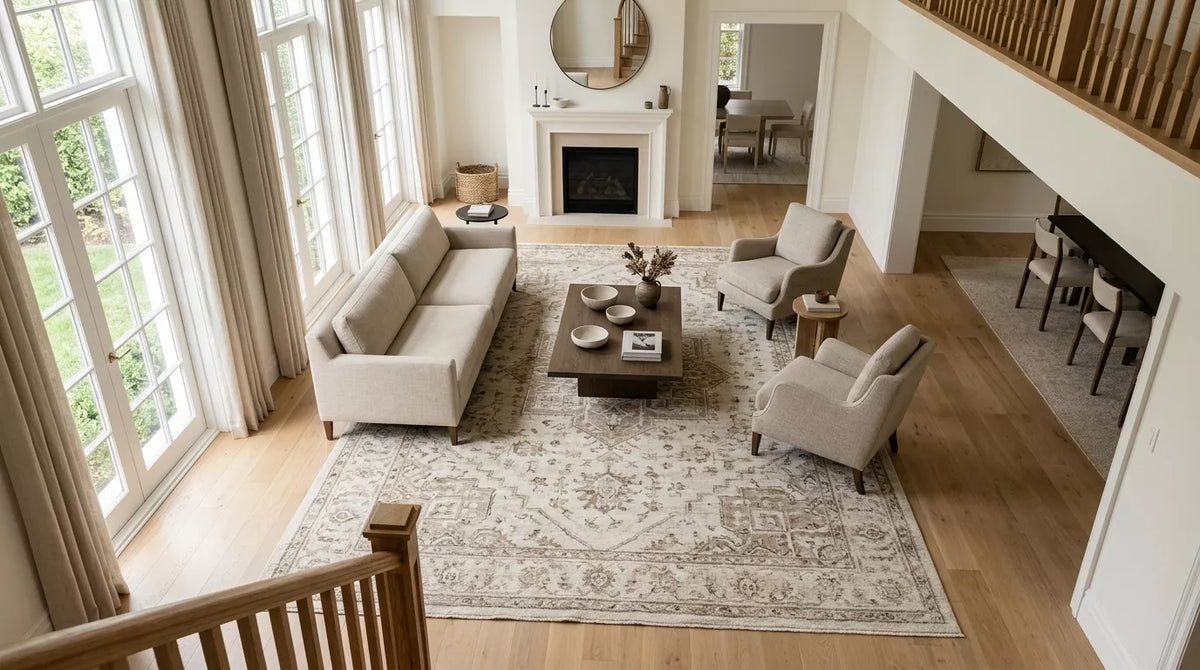 Handmade large area rug anchoring a spacious open living room with sofa and lounge chairs