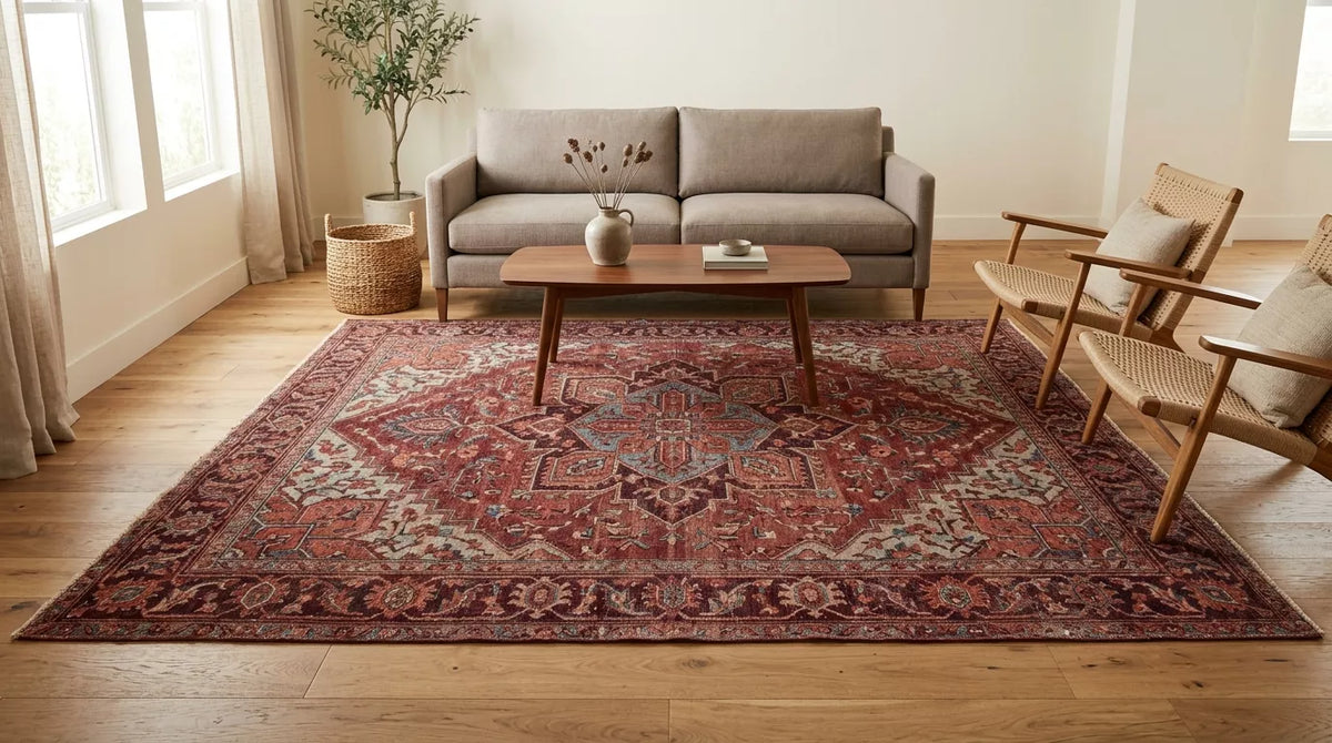 Handmade red and burgundy area rug in a warm neutral living room