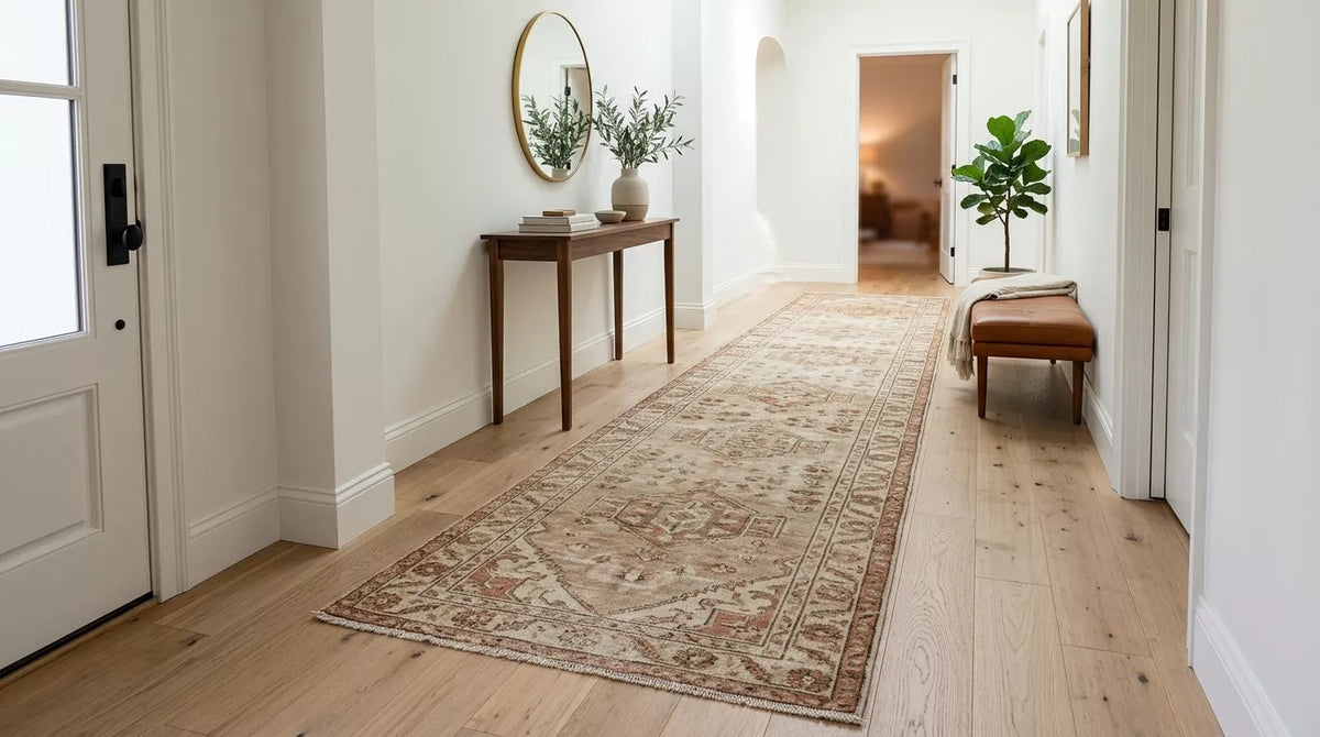 Handmade runner rug in a bright entryway hallway with console table and bench