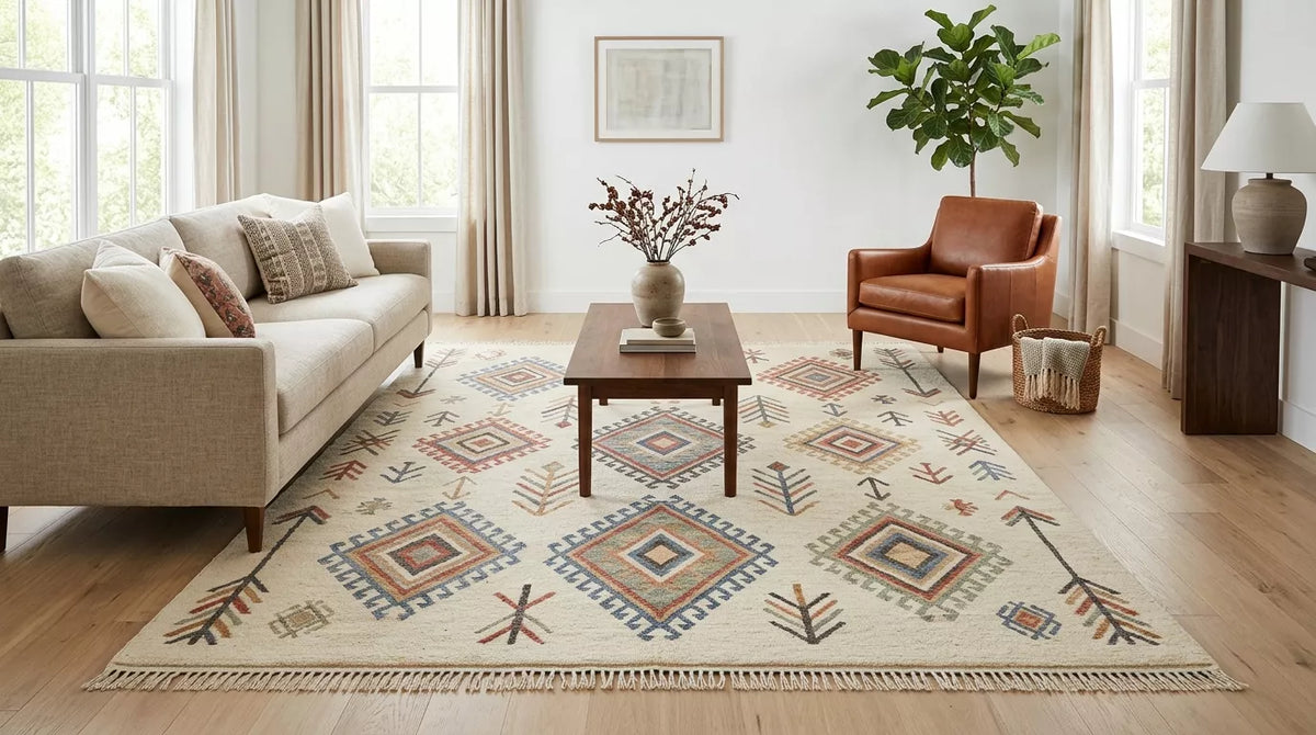 Handmade tribal rug with geometric motifs in a bright neutral living room