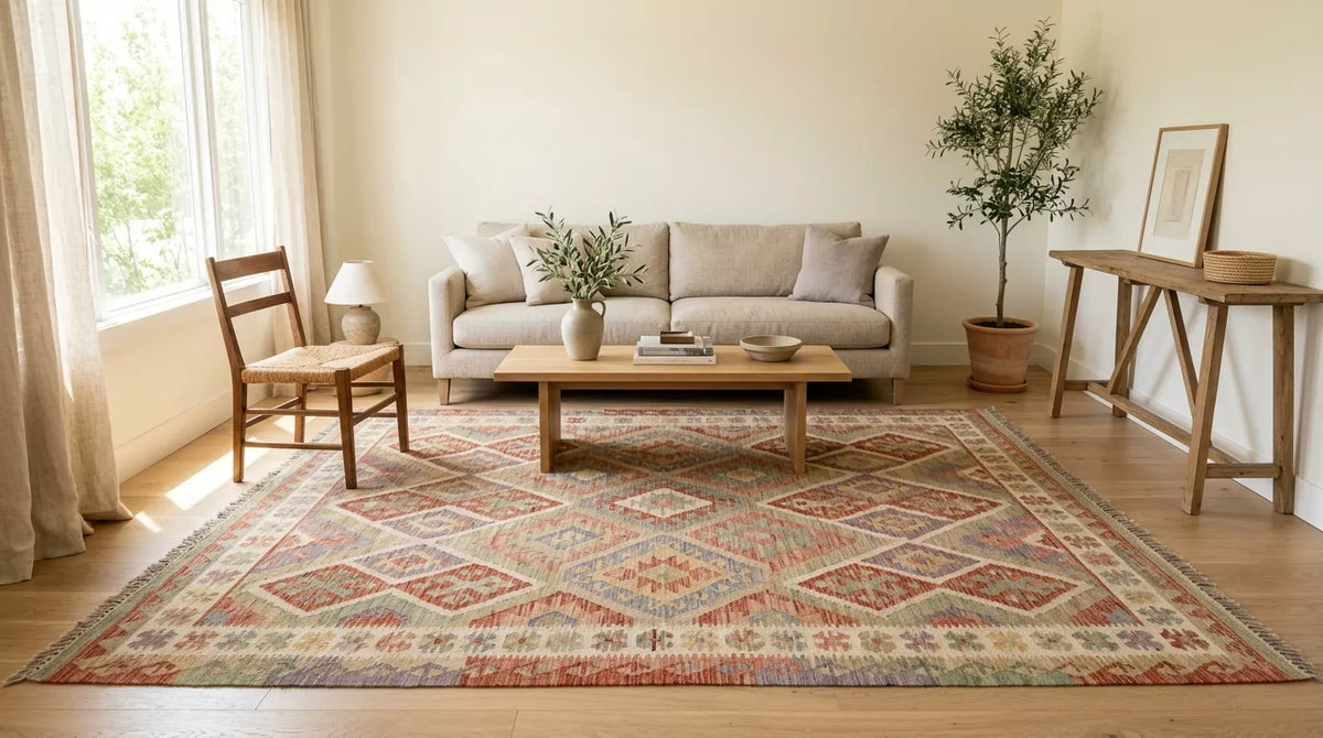 Handmade Turkish kilim rug with geometric pattern in a bright neutral living room