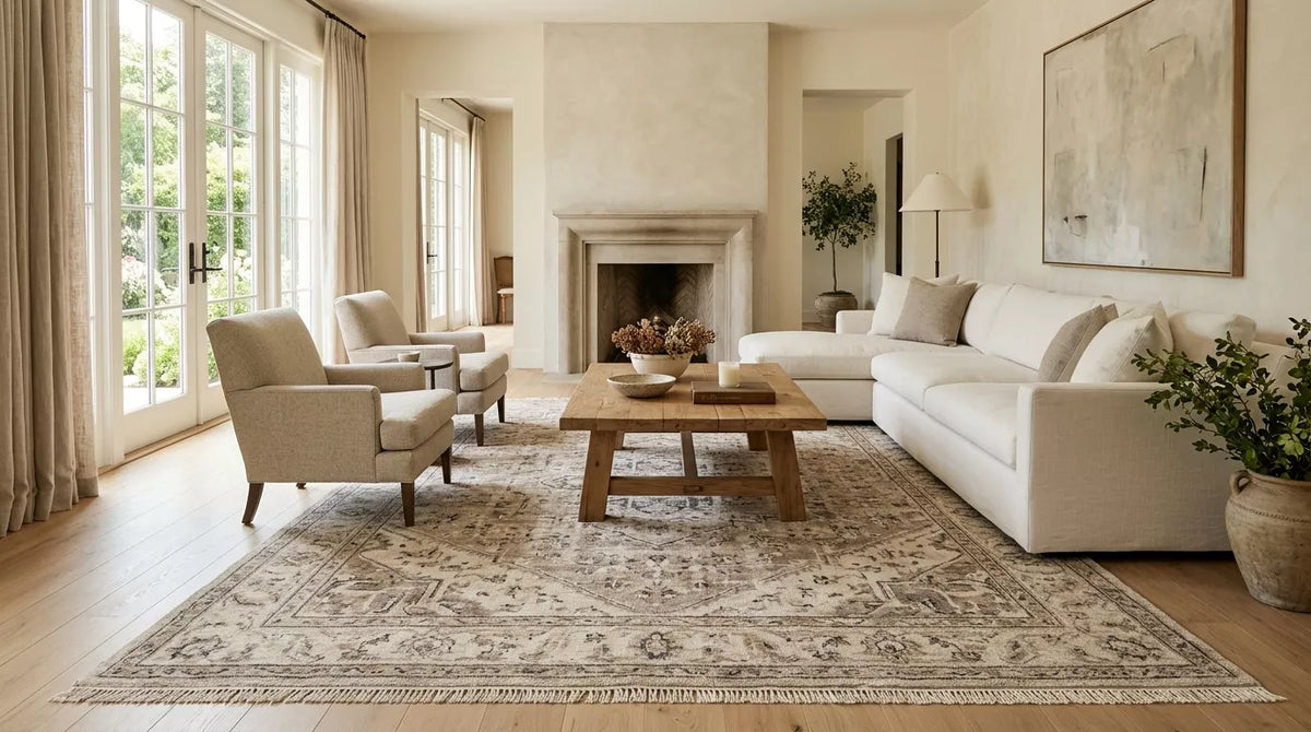 Handmade vintage area rug in a bright neutral living room with cream sofa and wood coffee table