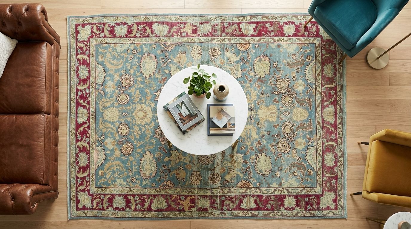handwoven persian rug styled in a modern living room with a blue field and red border