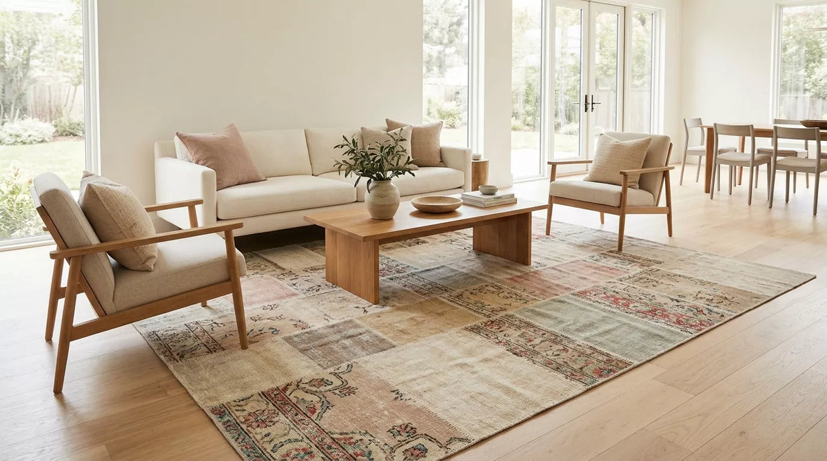 Light tonal handmade patchwork rug styled in a bright open living room