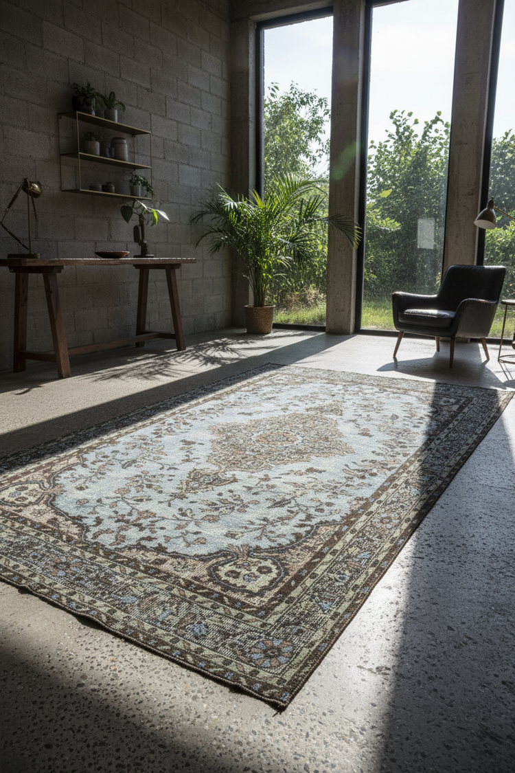 Medium area rug in a modern living room with floor-to-ceiling windows and neutral furniture