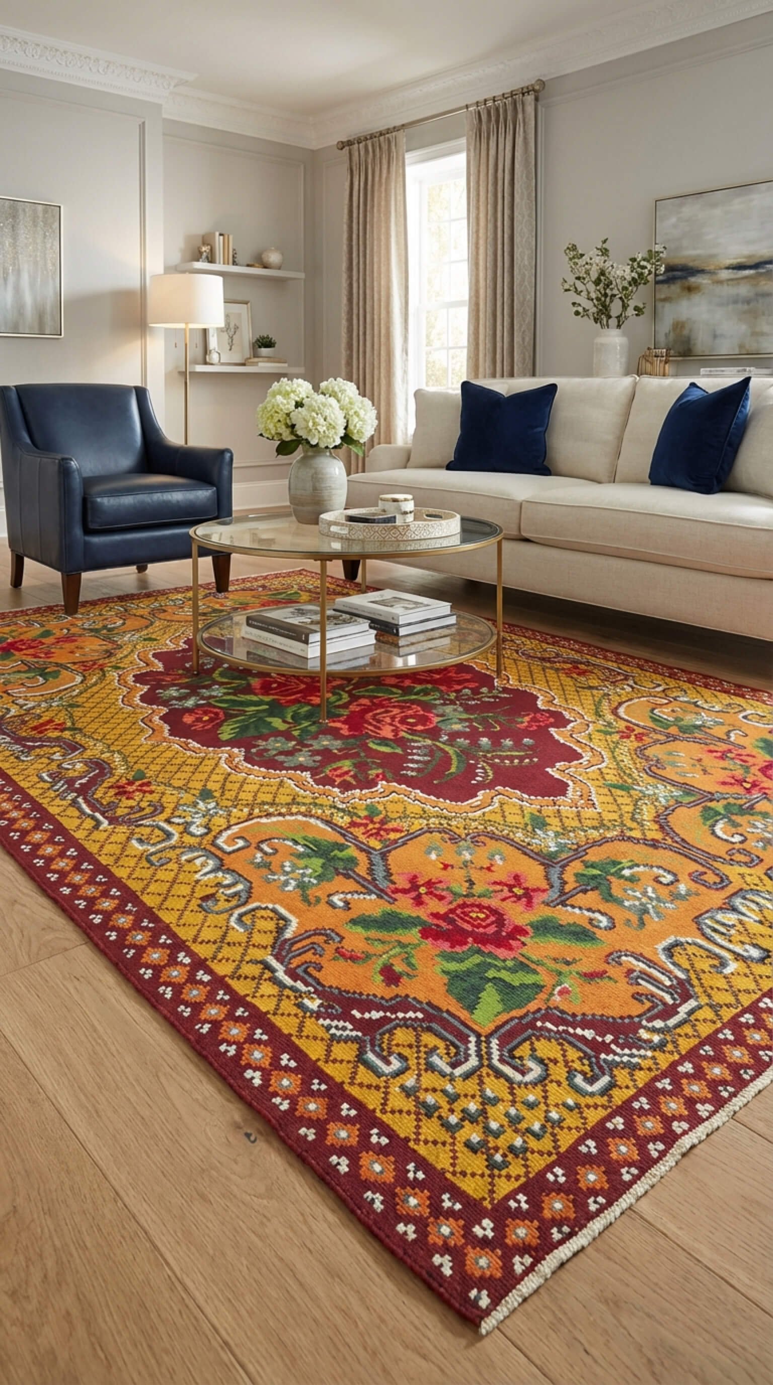 Handwoven vintage Moldovan kilim featuring bold floral patterns, styled in a classic living room with warm tones and traditional design.