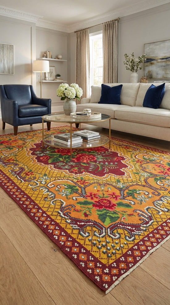 Handwoven vintage Moldovan kilim featuring bold floral patterns, styled in a classic living room with warm tones and traditional design.