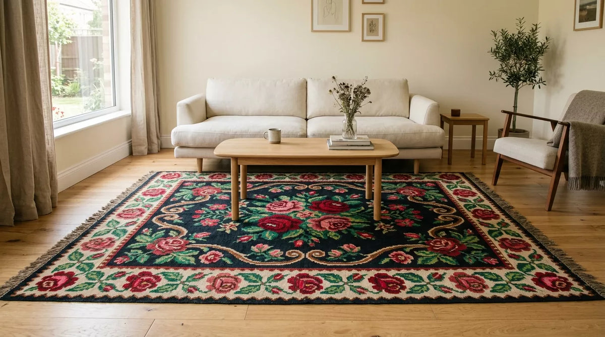 Moldovan Rose kilim rug with prominent floral motifs in a bright neutral living room