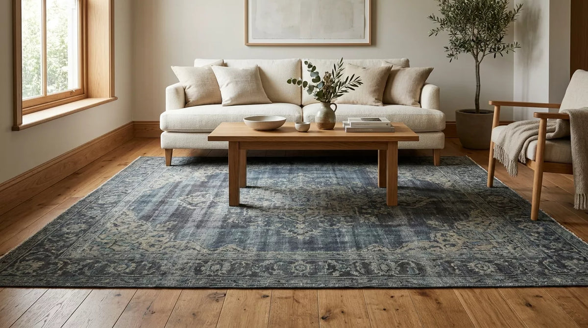 Blue gray overdyed vintage wool rug in a modern living room