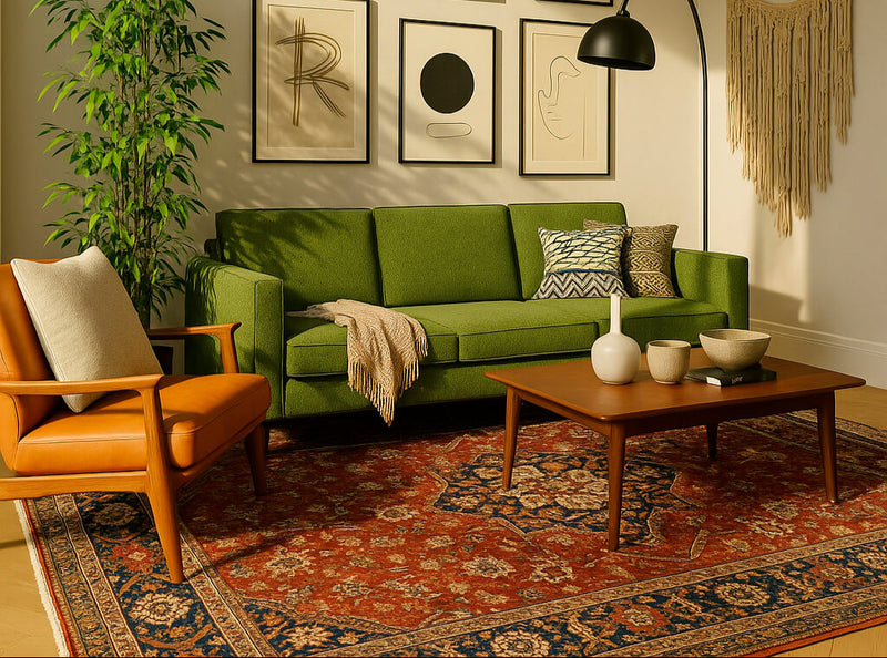 Red Persian area rug in a living room with a green sofa and wooden furniture