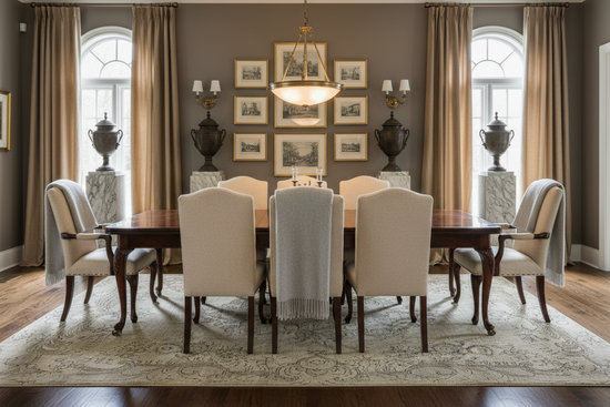 Quiet Luxury Dining Room with Turkish Vintage Rug