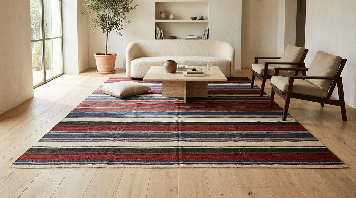 10x14 multicolor recycled kilim rug with red, blue and cream stripes in a bright living room with a cream bouclé sofa
