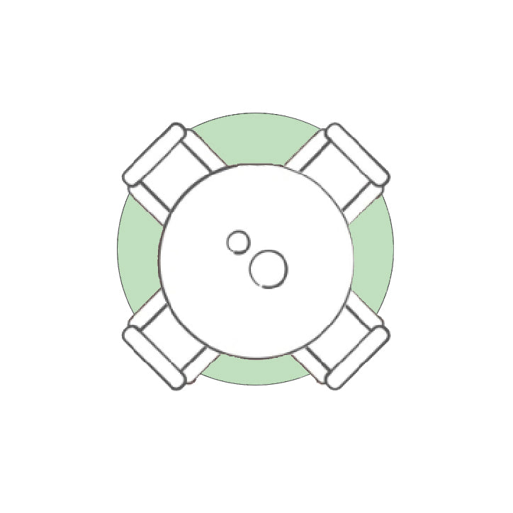 Round area rug size guide showing placement beneath a circular dining table and six chairs