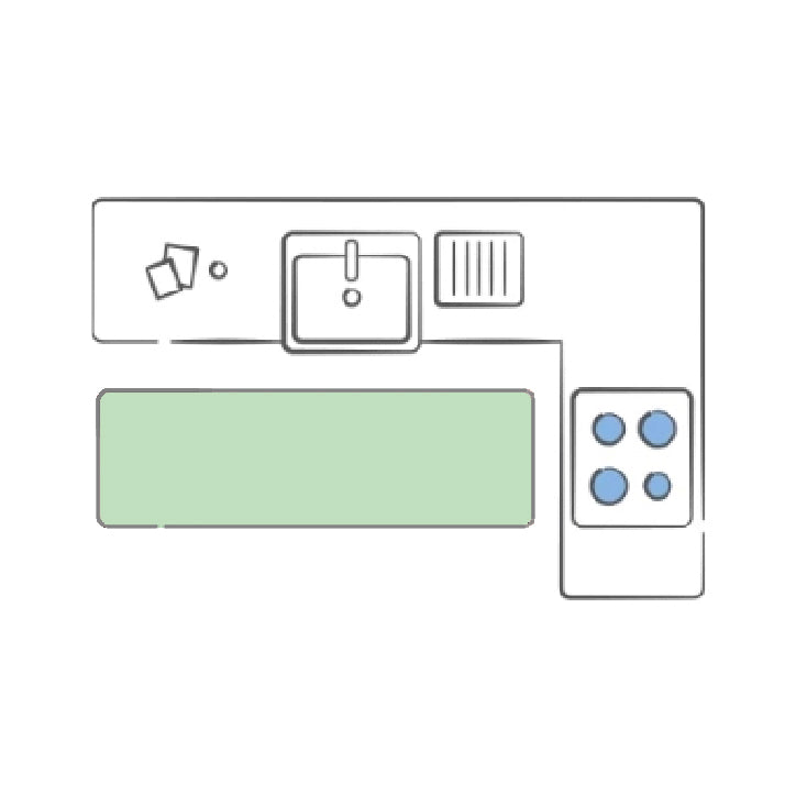 Runner rug size guide showing placement beside a kitchen island and cabinets