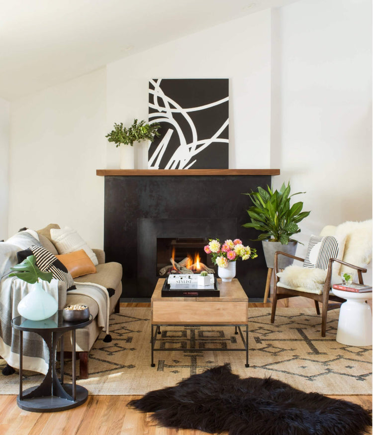 Southwestern area rug in a bright modern living room with a black fireplace, neutral seating and indoor plants