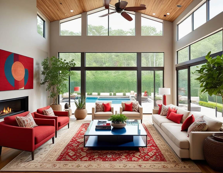 Handmade Turkish rug in a spacious modern living room with red seating and large windows