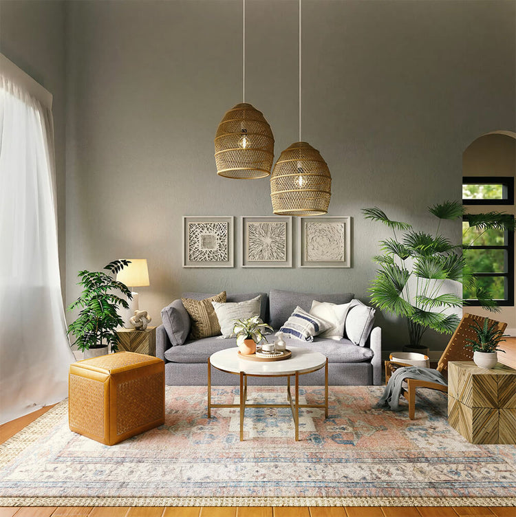 Handmade vintage rug in a warm neutral living room with natural wood furniture and indoor plants