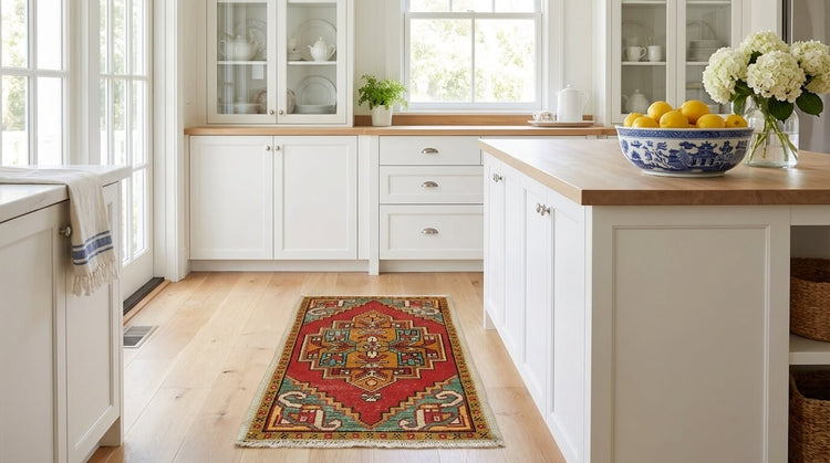 Vintage small accent rug on a light wood floor in a bright white kitchen