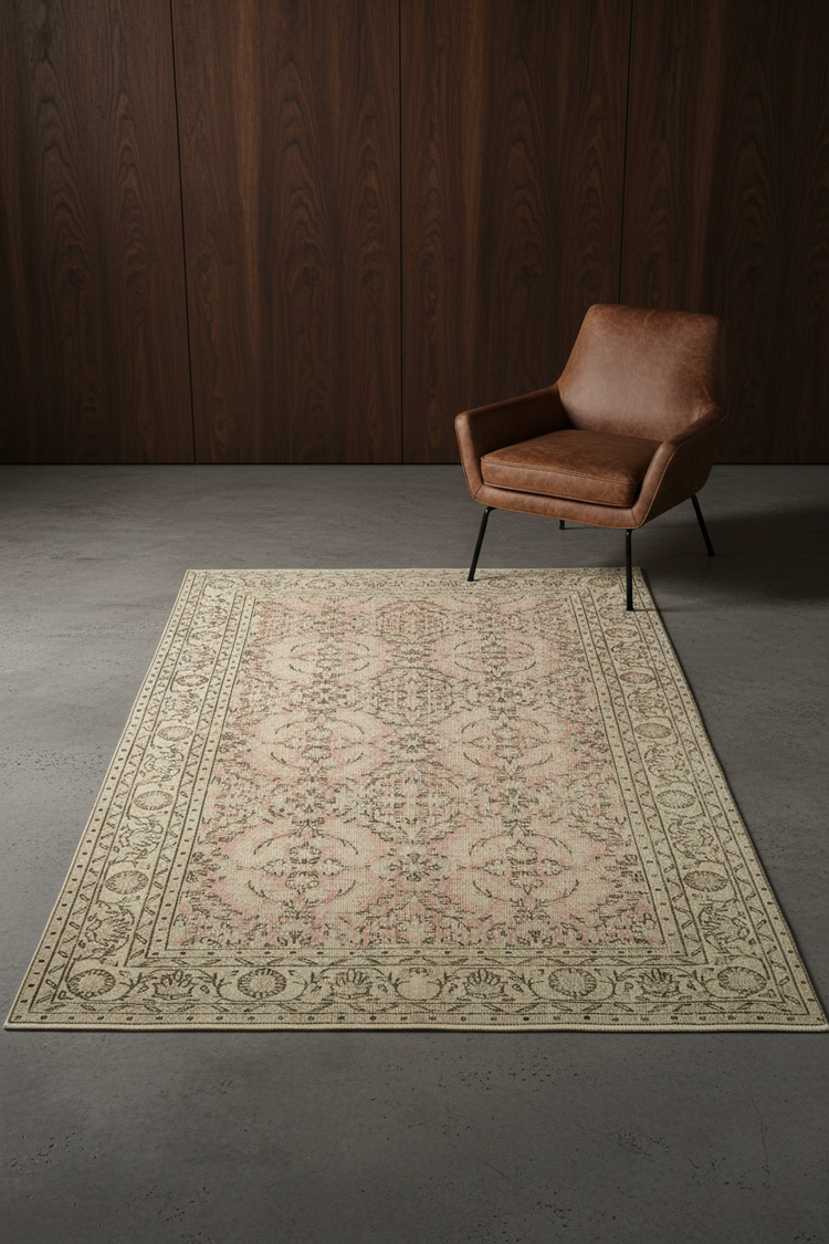 Vintage small rug beside a leather chair in a minimalist interior with dark wood walls
